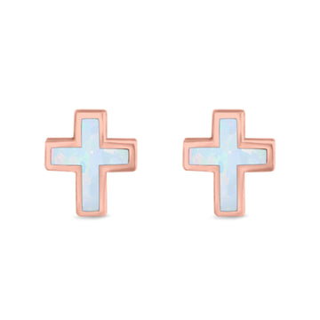 Cross Stud Earrings Rose Tone, Lab Created White Opal 925 Sterling Silver